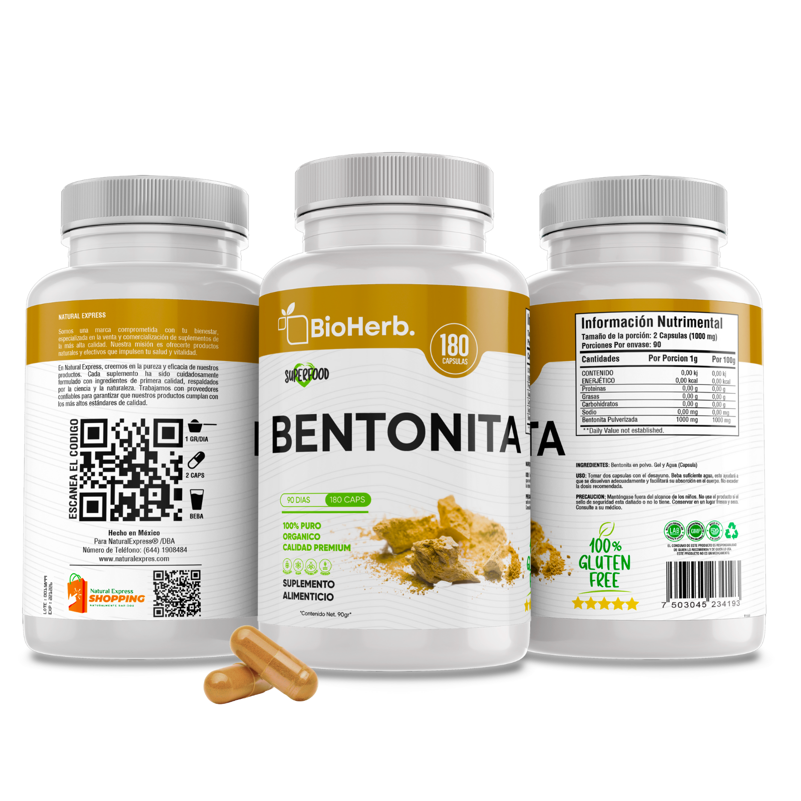 Bentonita 100% Pura (180 Capsulas 500mg) |ORGANICO | NATURAL | Para 90 Dias | - Pure Bentonite