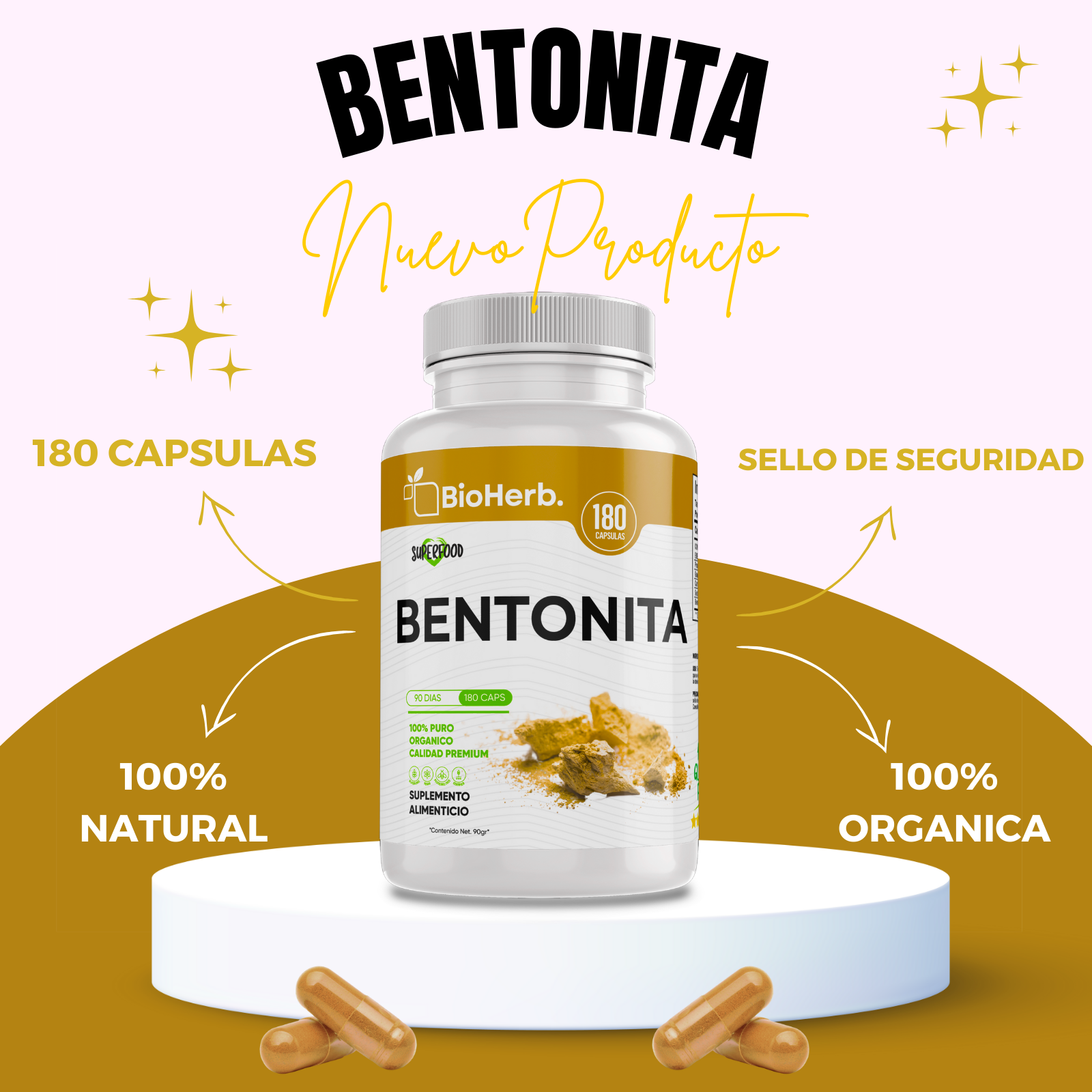 Bentonita 100% Pura (180 Capsulas 500mg) |ORGANICO | NATURAL | Para 90 Dias | - Pure Bentonite