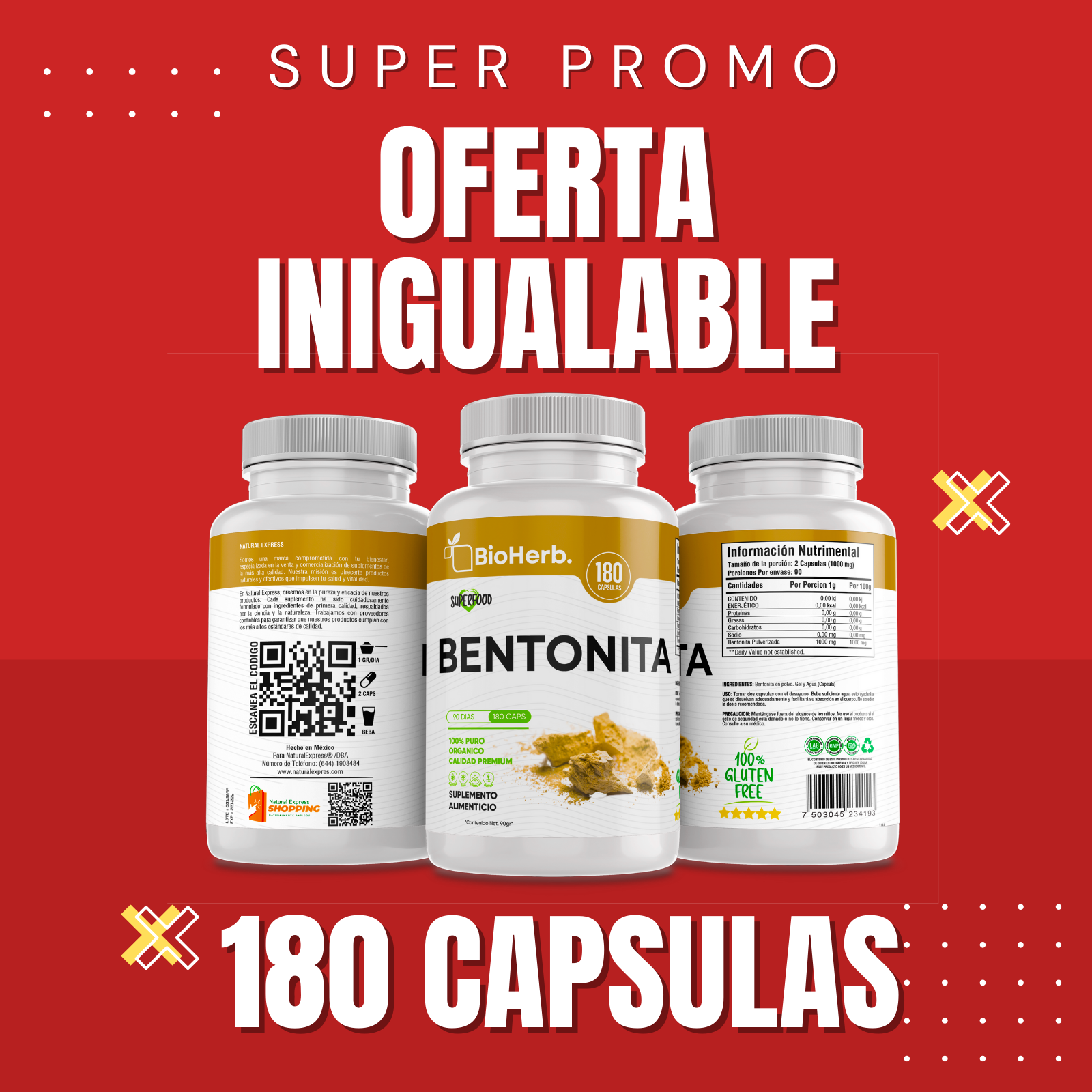 Bentonita 100% Pura (180 Capsulas 500mg) |ORGANICO | NATURAL | Para 90 Dias | - Pure Bentonite