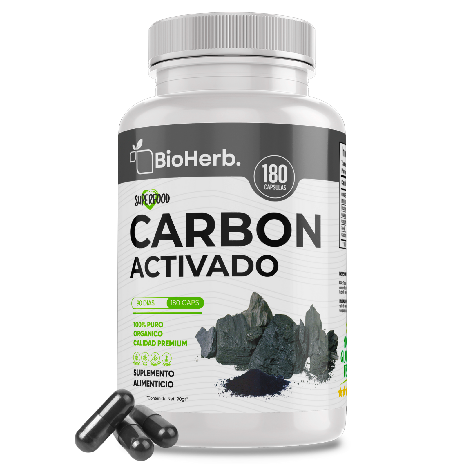 Carbon Activado 100% Puro (180 Capsulas 500mg) |ORGANICO | NATURAL | Para 90 Dias | - Activated Carbon