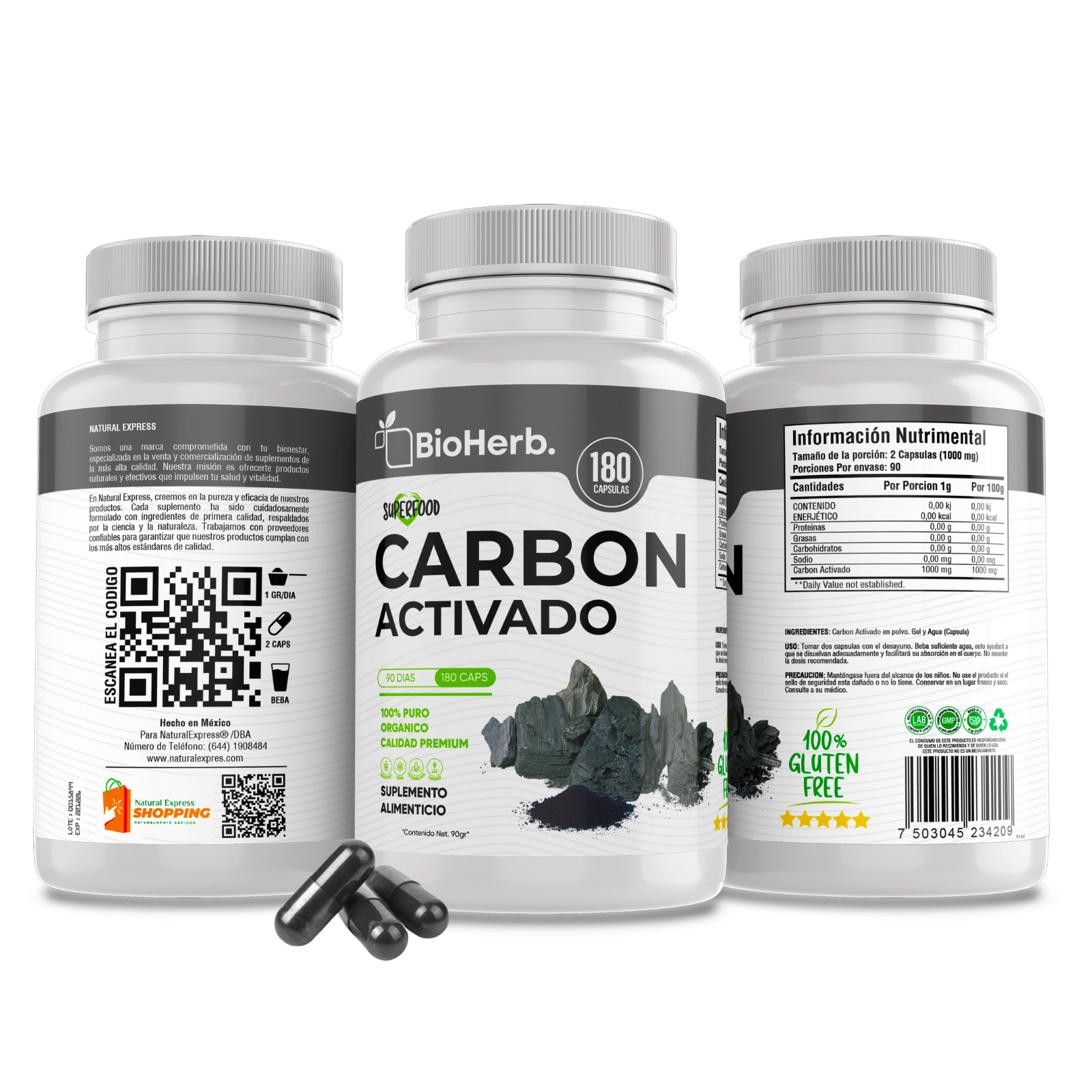 Carbon Activado 100% Puro (180 Capsulas 500mg) |ORGANICO | NATURAL | Para 90 Dias | - Activated Carbon