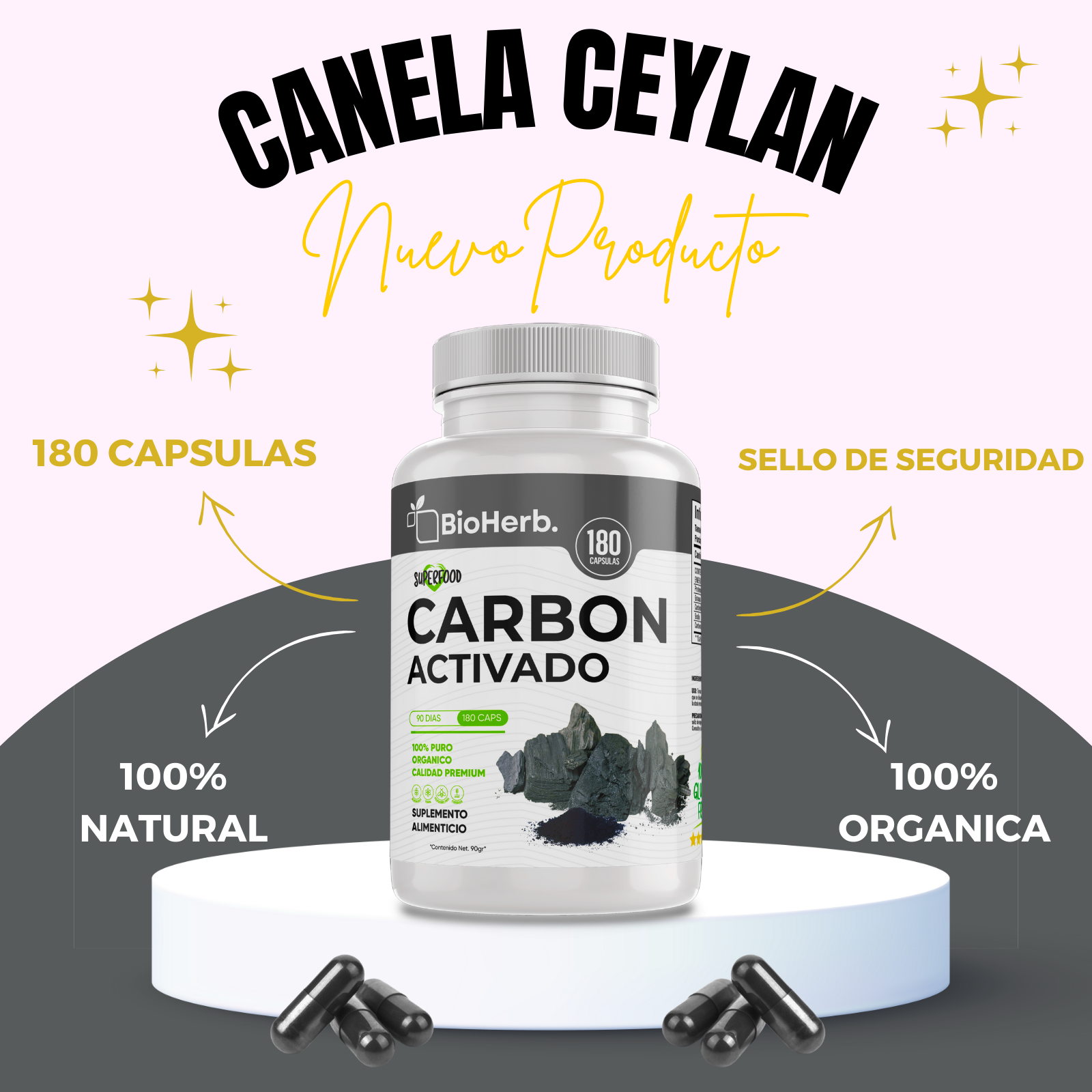 Carbon Activado 100% Puro (180 Capsulas 500mg) |ORGANICO | NATURAL | Para 90 Dias | - Activated Carbon