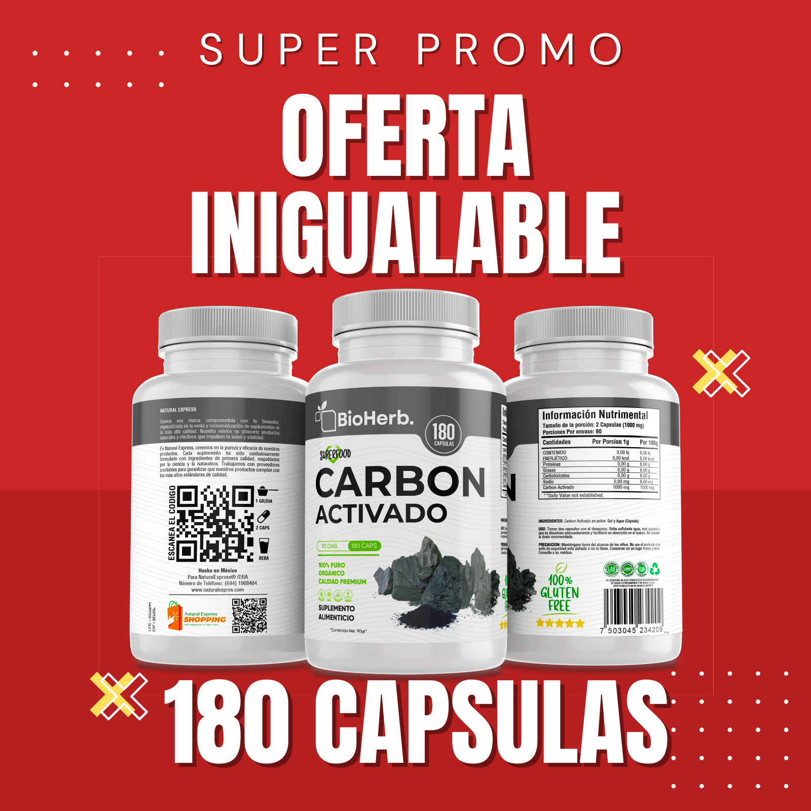 Carbon Activado 100% Puro (180 Capsulas 500mg) |ORGANICO | NATURAL | Para 90 Dias | - Activated Carbon