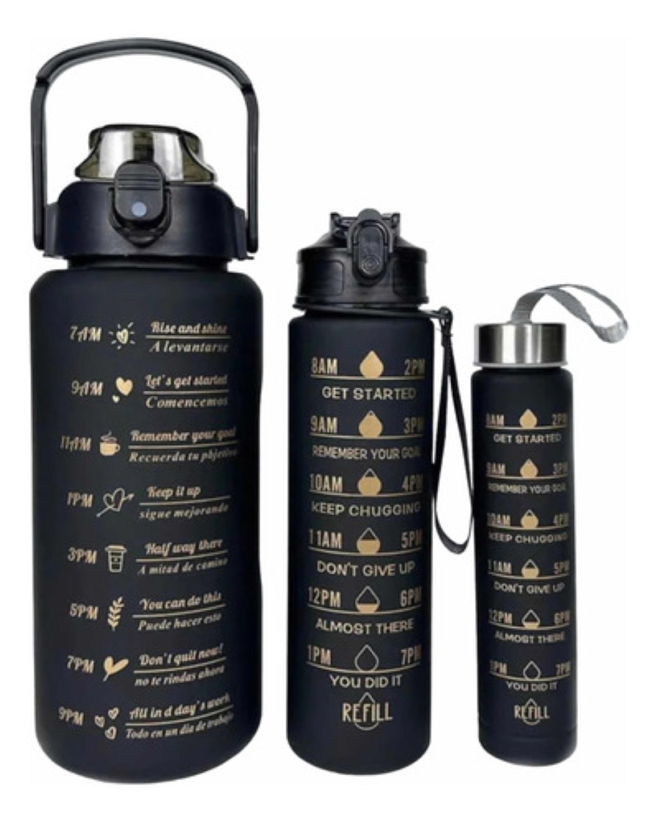 Set de Botellas De Agua Deportiva Gran Capacidad 2l Y 800ml Negro