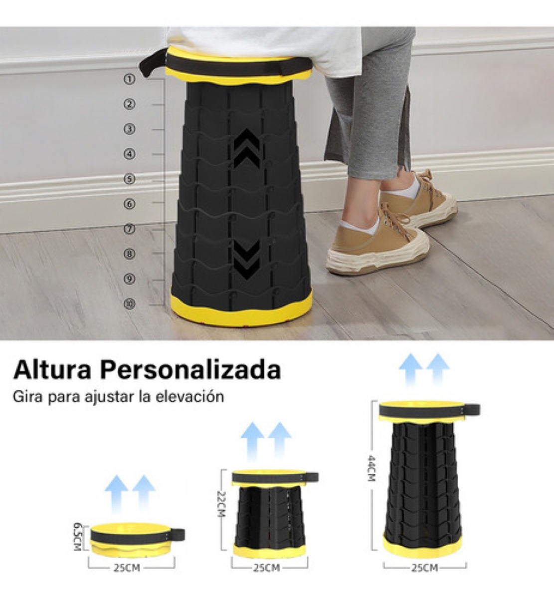 Banco Retráctil Taburete Plegable Portátil Negro con Amarillo