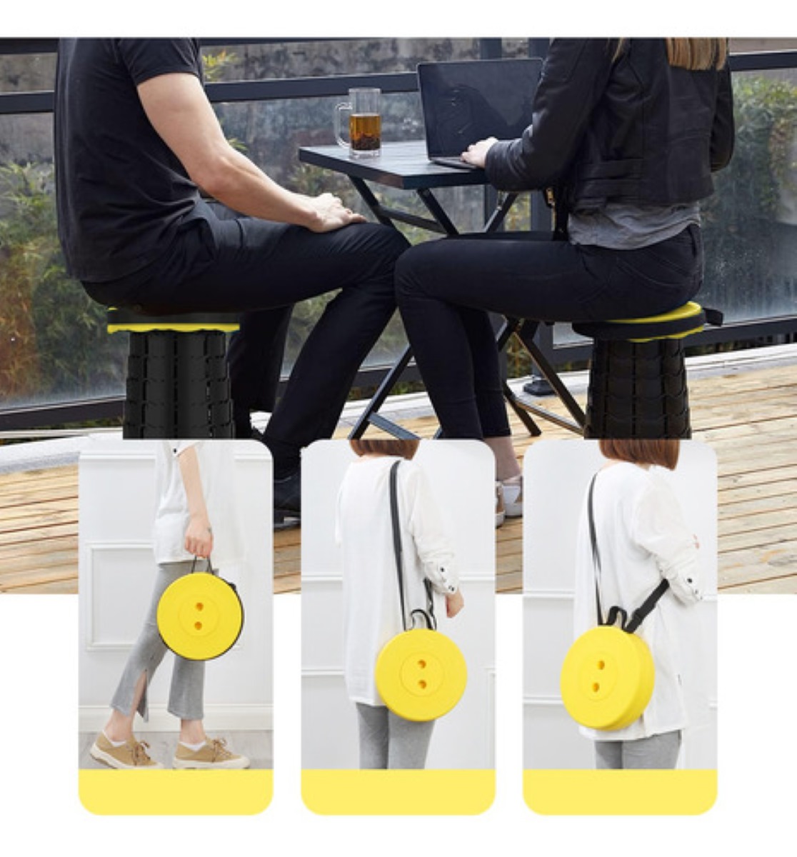 Banco Retráctil Taburete Plegable Portátil Negro con Amarillo