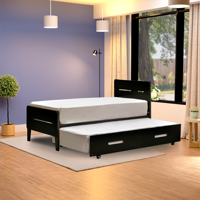 Cama Doble Individual Juno | Cama Baja Deslizable Con Ruedas Café
