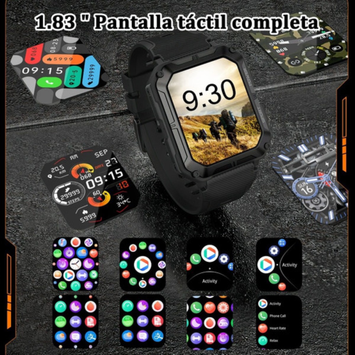 Reloj Inteligente Bluetooth Impermeable Cuadrado Negro