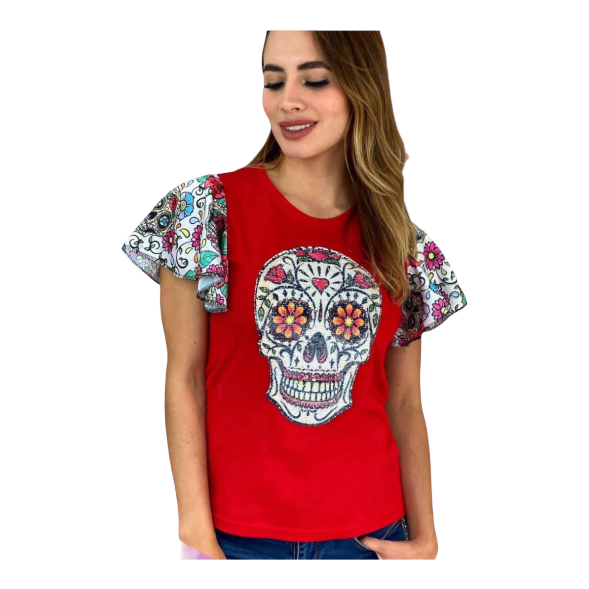 Playera Mujer Manga Olanes Calavera Calaca Día De Muertos