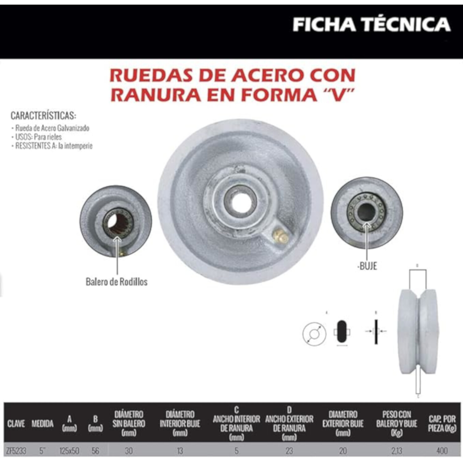Rueda de Acero con ranura tipo V para Rieles 5"
