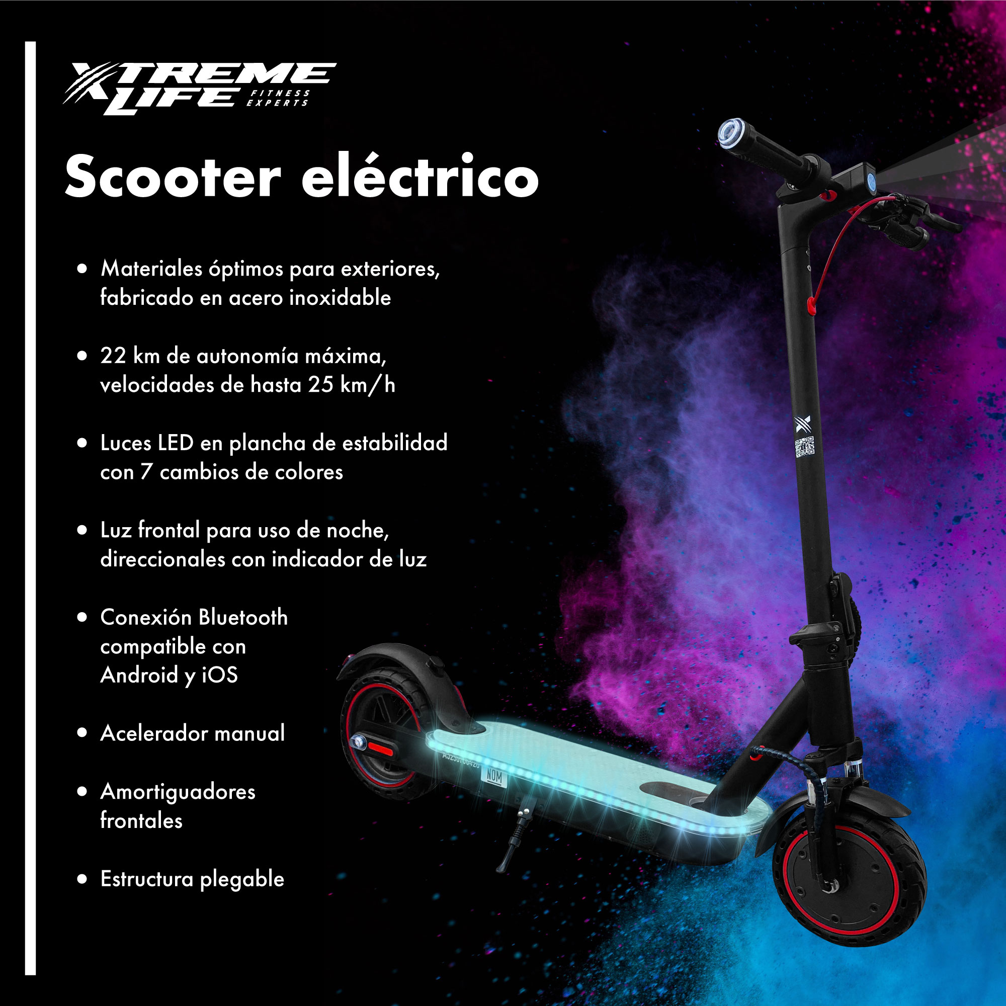Scooter Patin Electrico Plegable bluetooth Bocina Led