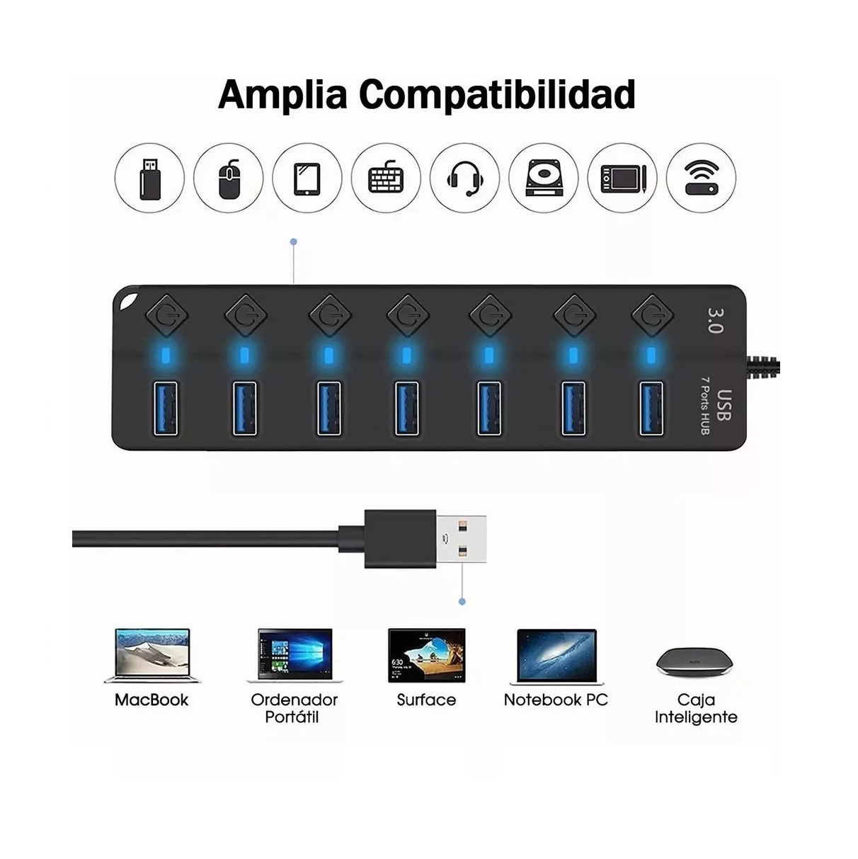 Hub Usb Con 7 Puertos Usb 3.0 Multicontacto