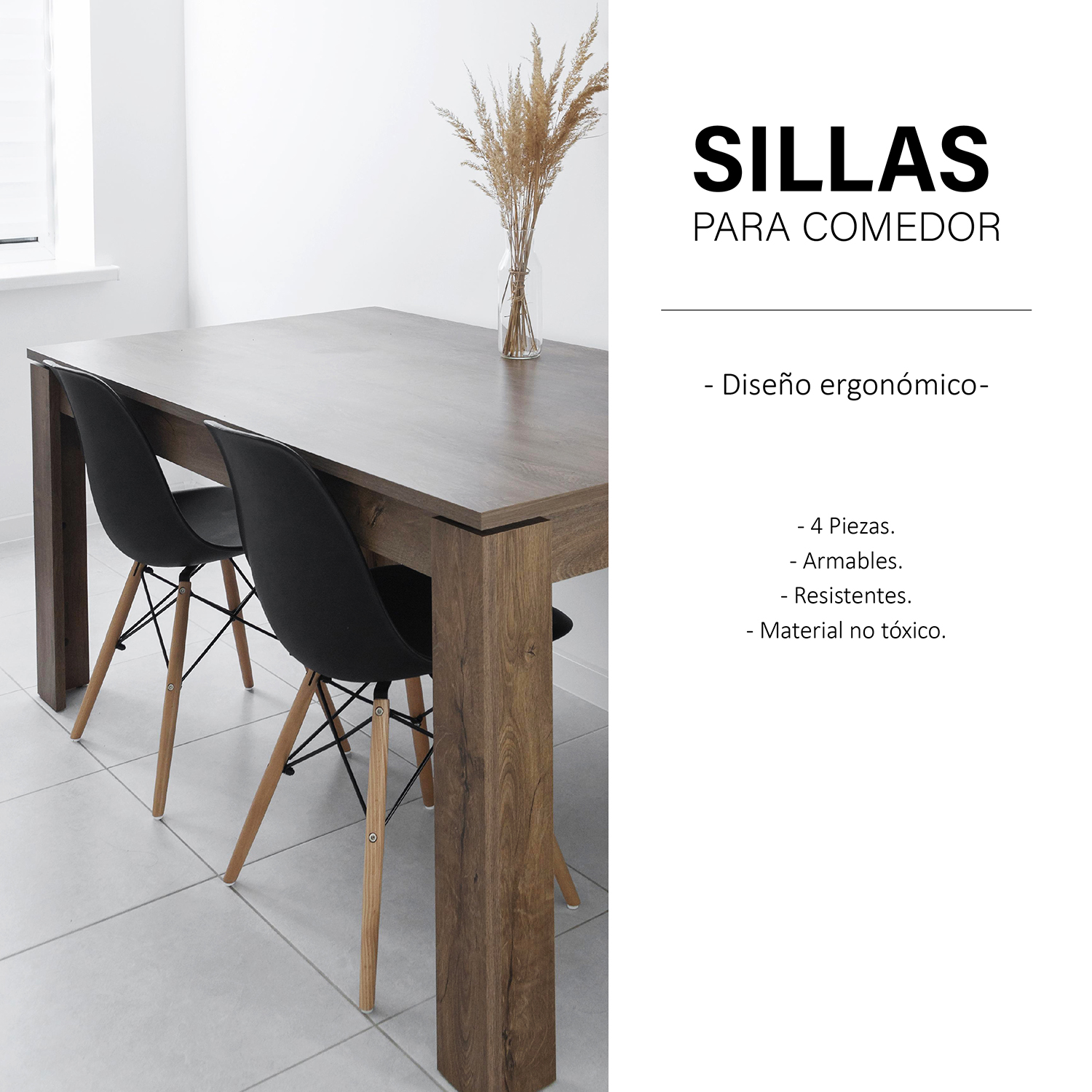 Set de 4 Sillas Modernas para comedor y Sala Minimalista en color Negro