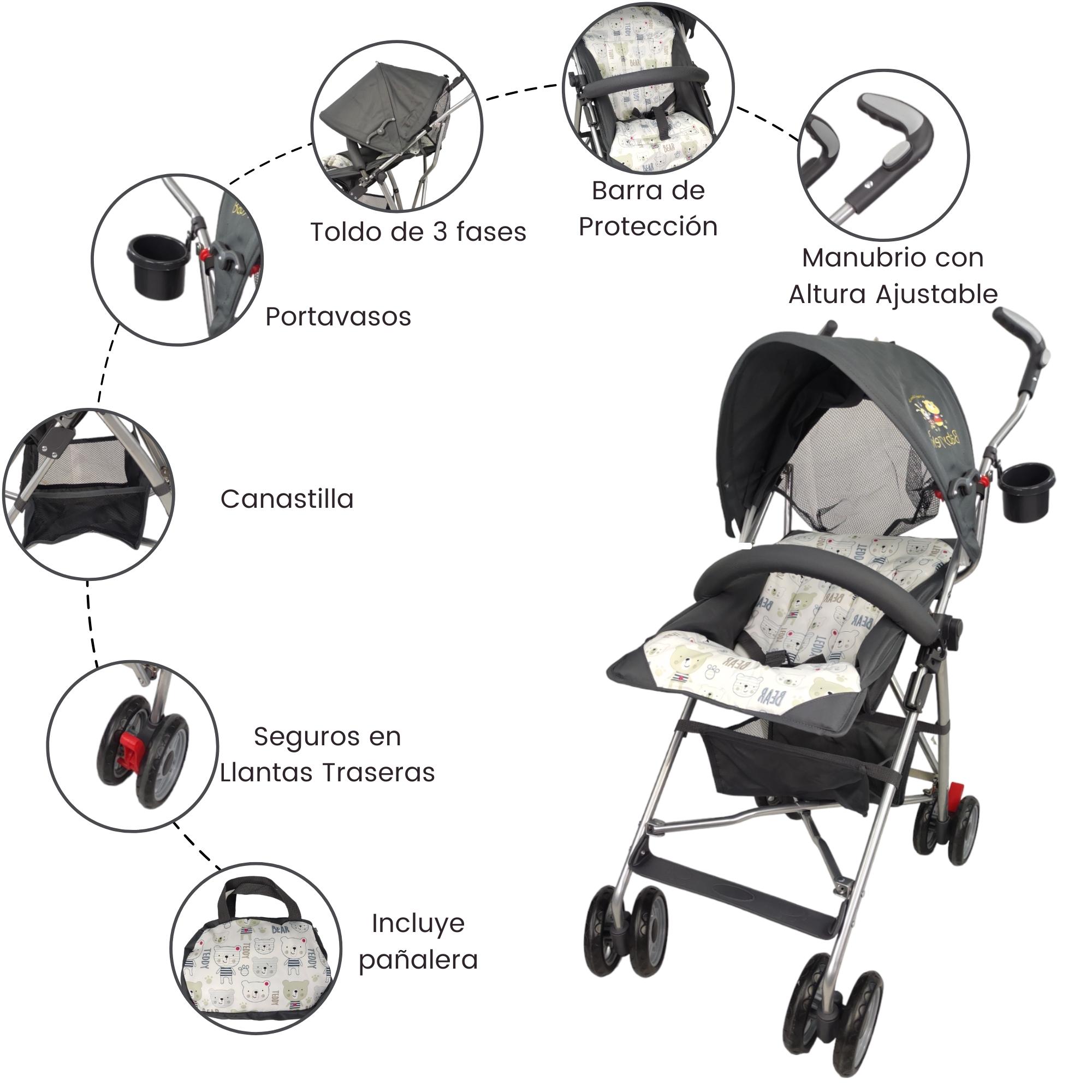 Carriola para Bebe de Baston Compacta,Plegable,Ligera,Reclinable  - Gris.