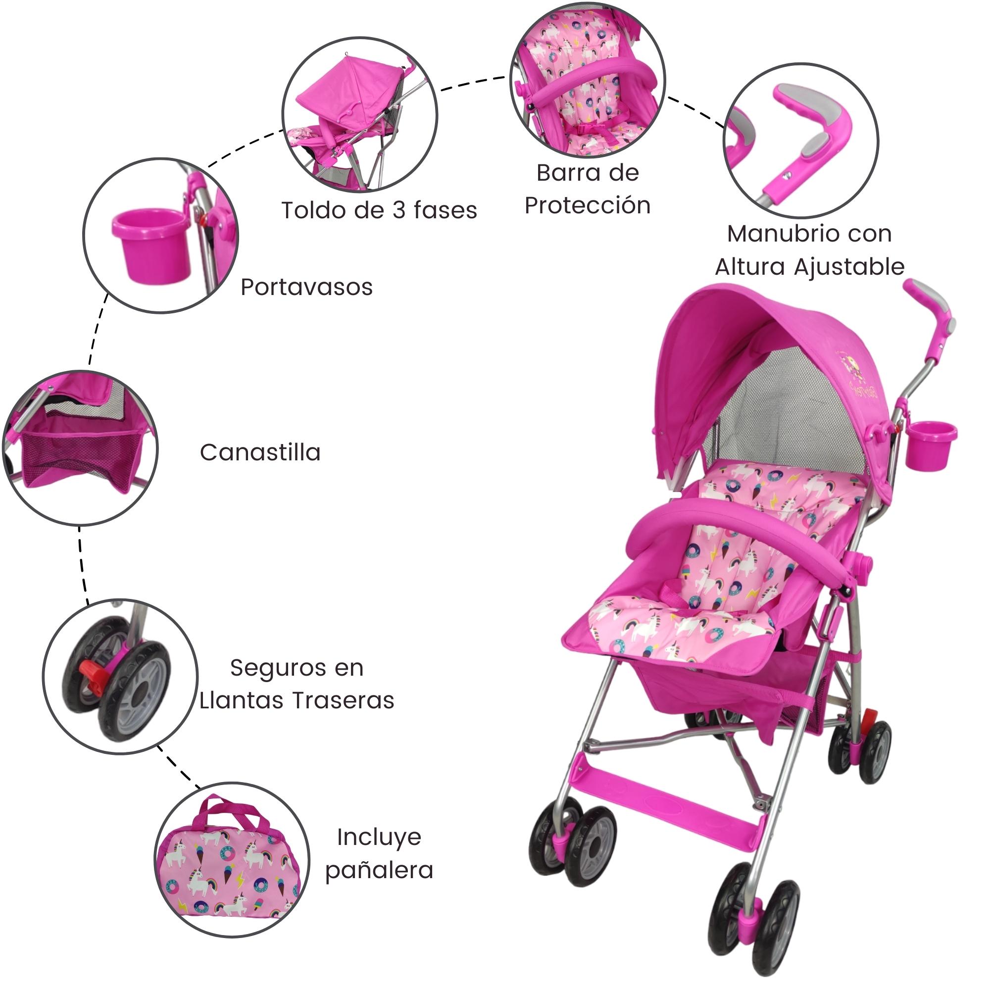 Carriola para Bebe de Baston Compacta,Plegable,Ligera,Reclinable  - Rosa.