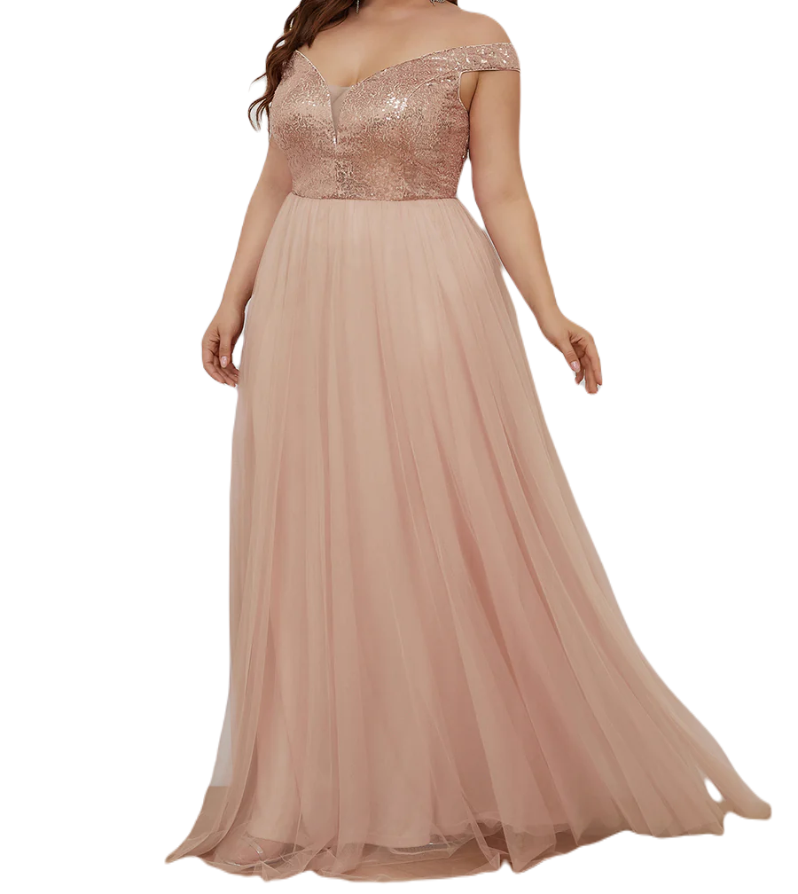 Vestido Elegante de Fiesta Largo Curvy Dorado Beige Lentejuela Offsoulder Sin Hombros Falda Tul Cintura Alta Talla Ch a Talla Extra
