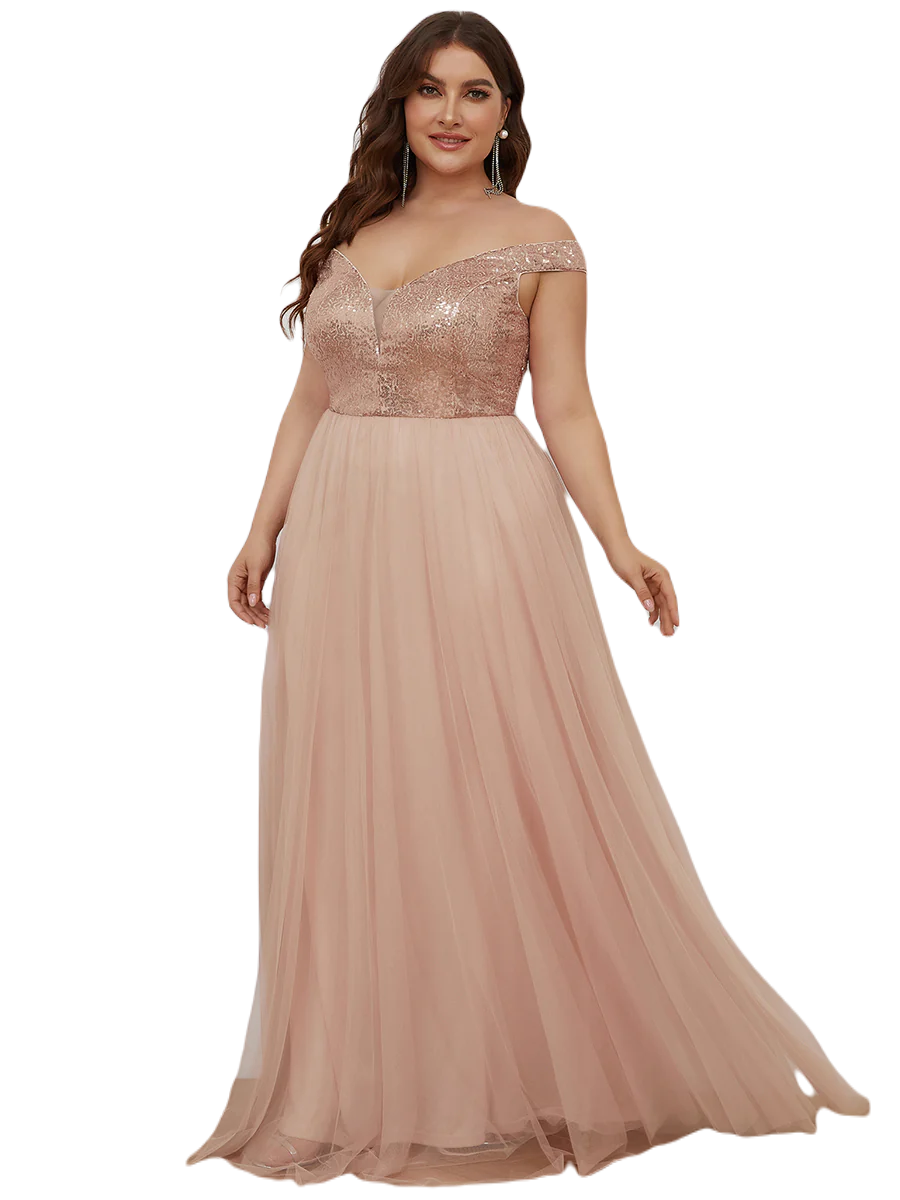 Vestido Elegante de Fiesta Largo Curvy Dorado Beige Lentejuela Offsoulder Sin Hombros Falda Tul Cintura Alta Talla Ch a Talla Extra