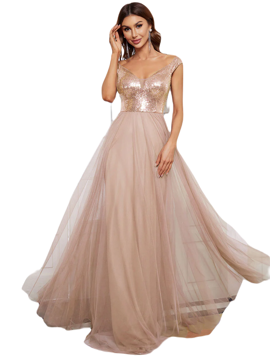 Vestido Elegante de Fiesta Largo Curvy Dorado Beige Lentejuela Offsoulder Sin Hombros Falda Tul Cintura Alta Talla Ch a Talla Extra