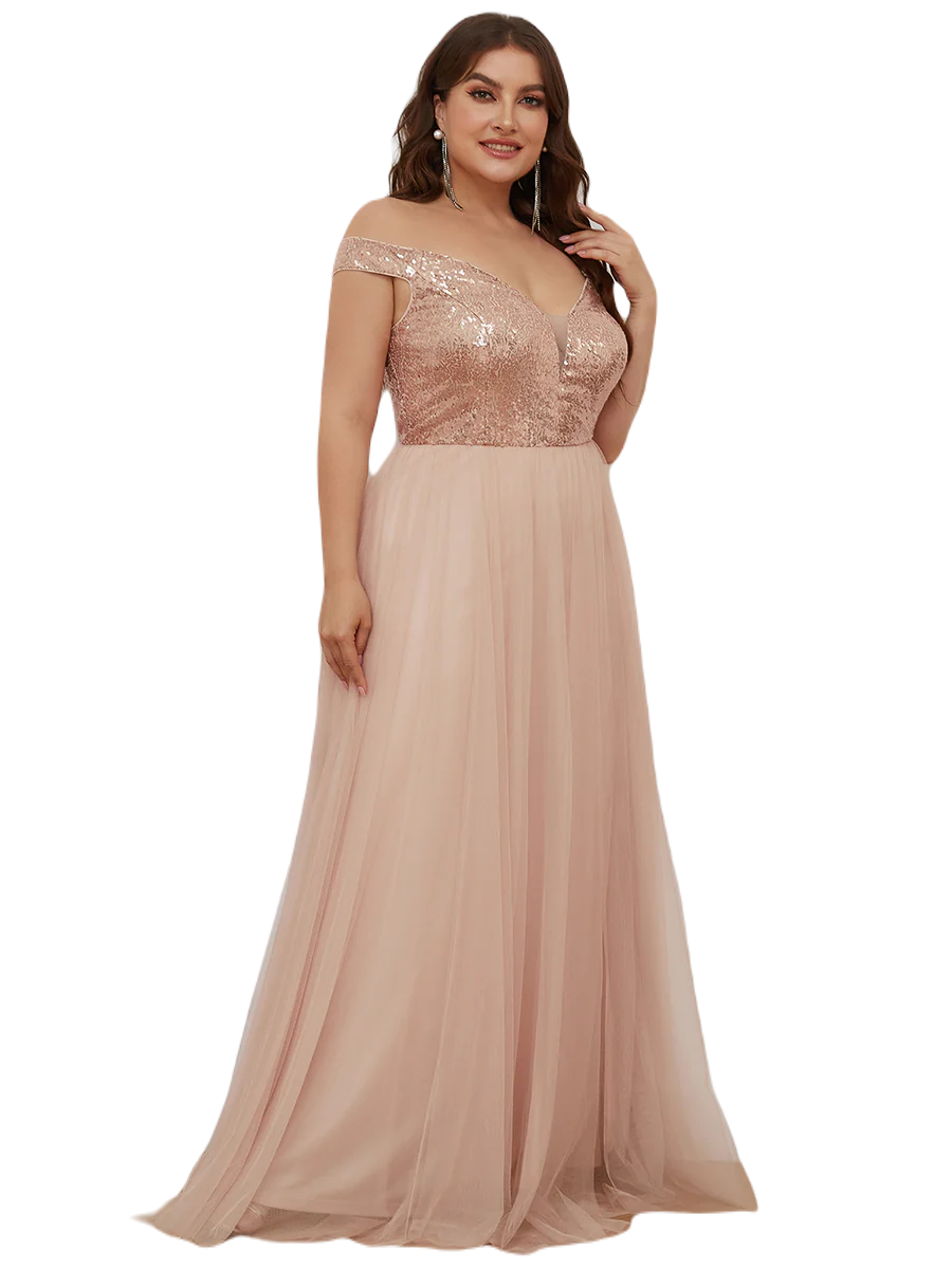 Vestido Elegante de Fiesta Largo Curvy Dorado Beige Lentejuela Offsoulder Sin Hombros Falda Tul Cintura Alta Talla Ch a Talla Extra