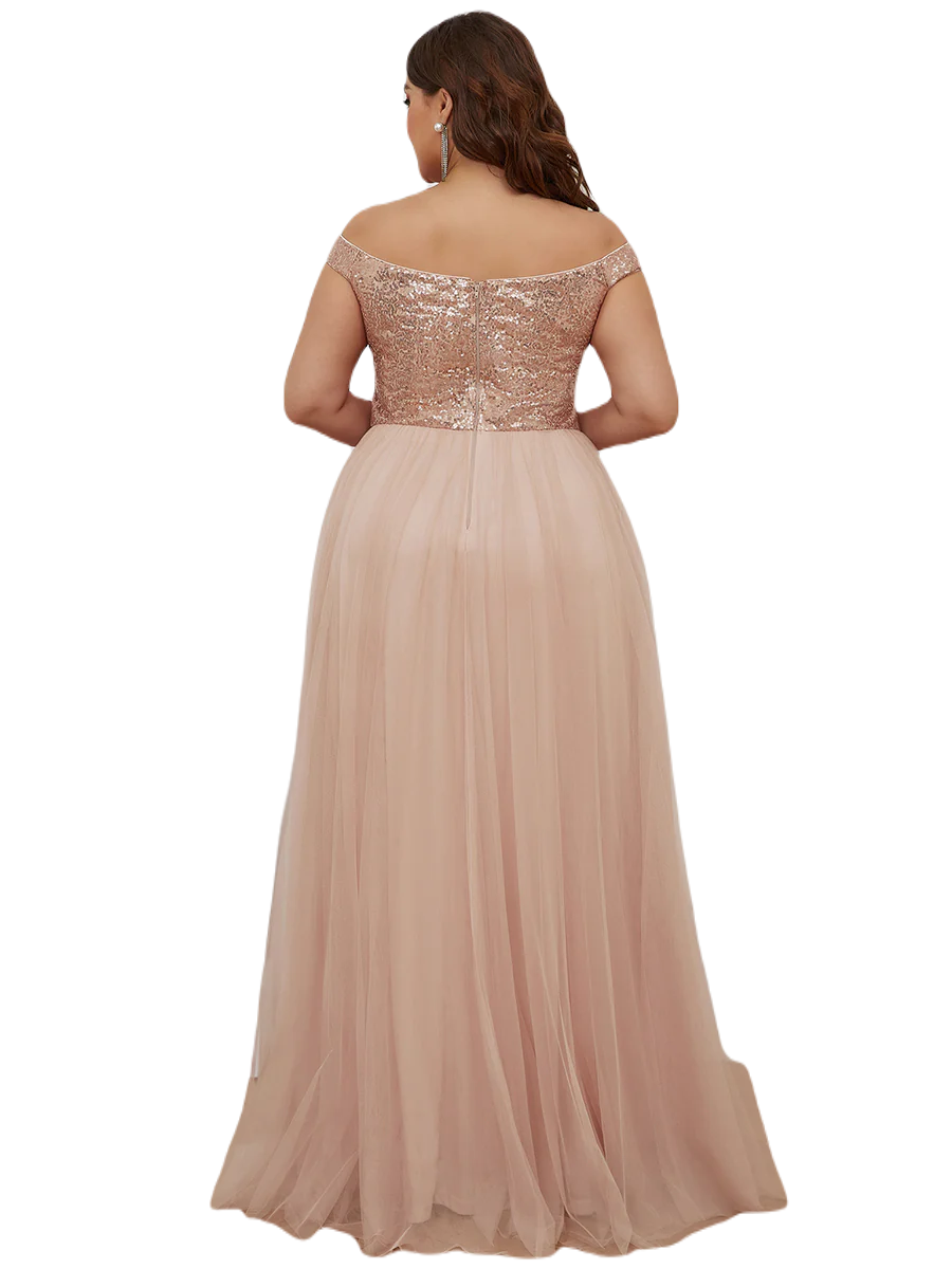 Vestido Elegante de Fiesta Largo Curvy Dorado Beige Lentejuela Offsoulder Sin Hombros Falda Tul Cintura Alta Talla Ch a Talla Extra