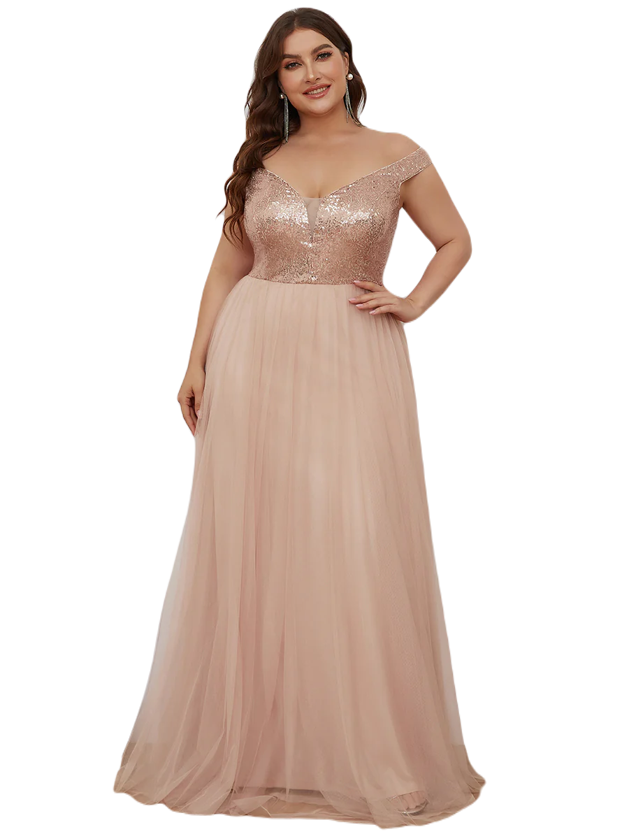 Vestido Elegante de Fiesta Largo Curvy Dorado Beige Lentejuela Offsoulder Sin Hombros Falda Tul Cintura Alta Talla Ch a Talla Extra