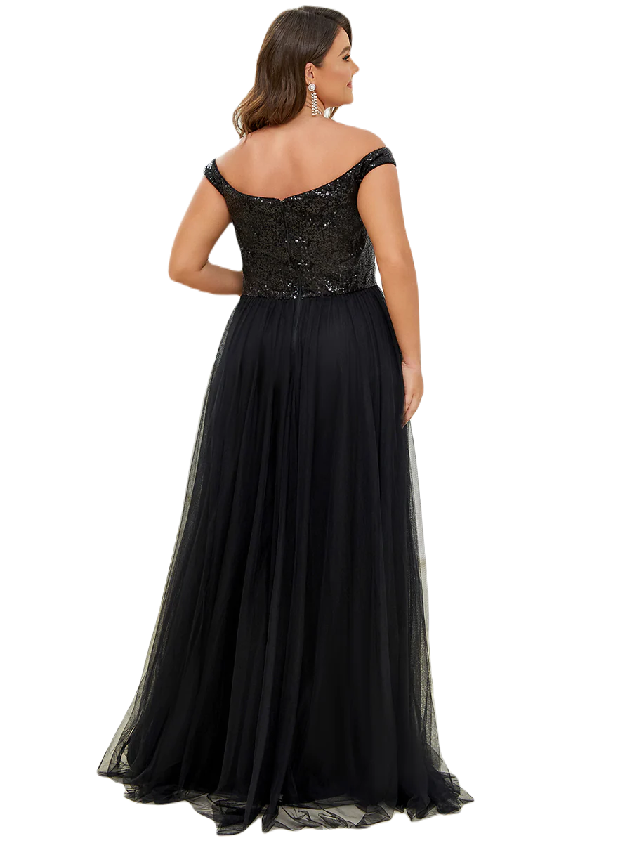 Vestido Elegante de Fiesta Largo Curvy Negro Lentejuela Offsoulder Sin Hombros Falda Tul Cintura Alta Talla Ch a Talla Extra