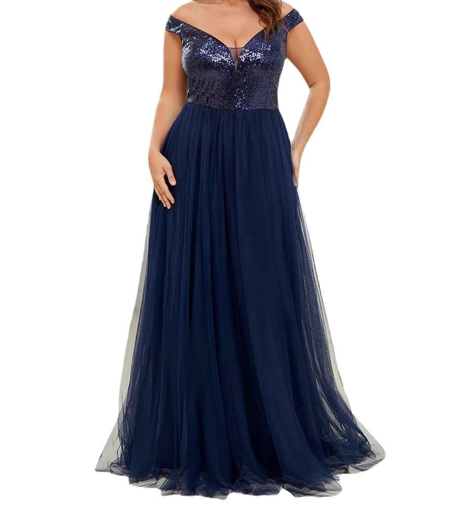 Vestido Elegante de Fiesta Largo Curvy Azul Marino Lentejuela Offsoulder Sin Hombros Falda Tul Cintura Alta Talla Ch a Talla Extra