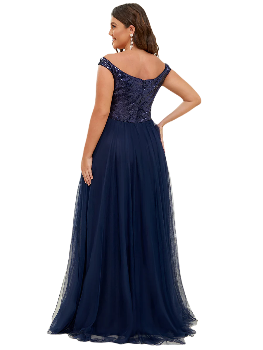 Vestido Elegante de Fiesta Largo Curvy Azul Marino Lentejuela Offsoulder Sin Hombros Falda Tul Cintura Alta Talla Ch a Talla Extra