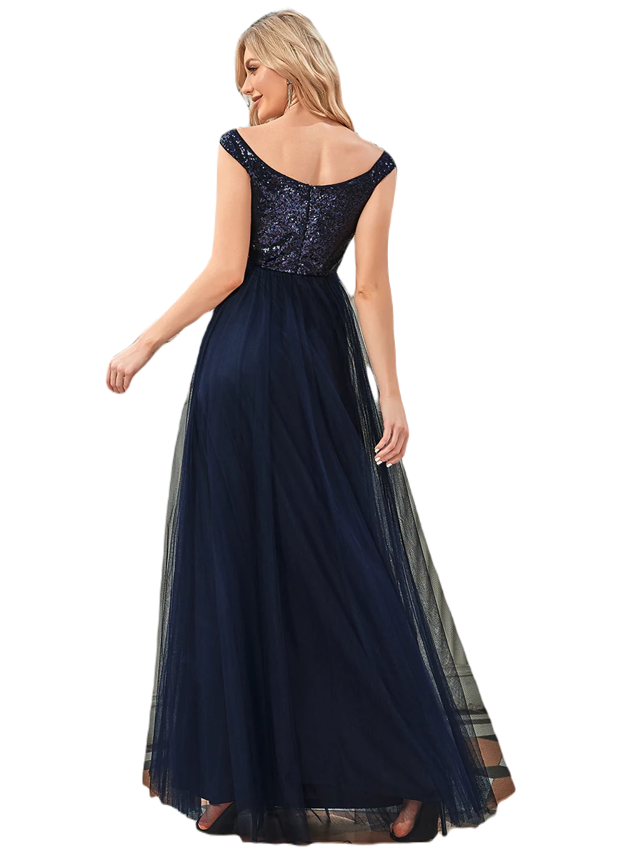 Vestido Elegante de Fiesta Largo Curvy Azul Marino Lentejuela Offsoulder Sin Hombros Falda Tul Cintura Alta Talla Ch a Talla Extra