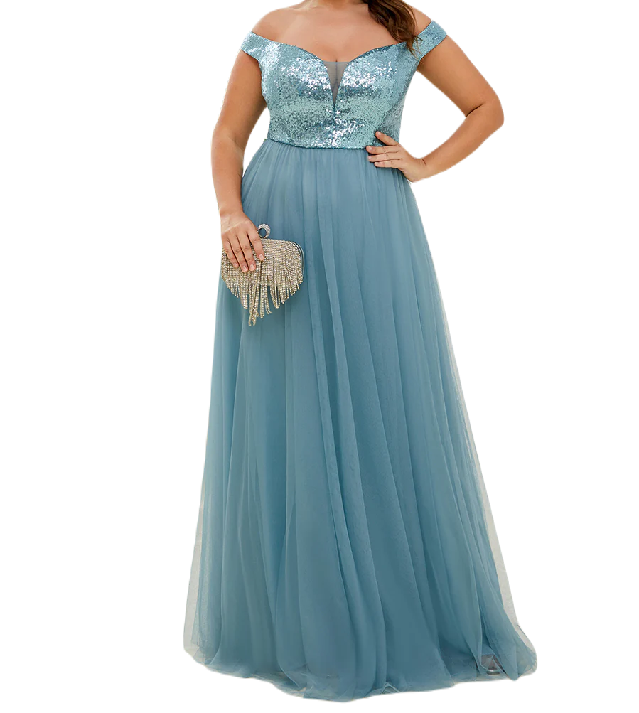 Vestido Elegante de Fiesta Largo Curvy Turquesa Dusty Lentejuela Offsoulder Sin Hombros Falda Tul Cintura Alta Talla Ch a Talla Extra