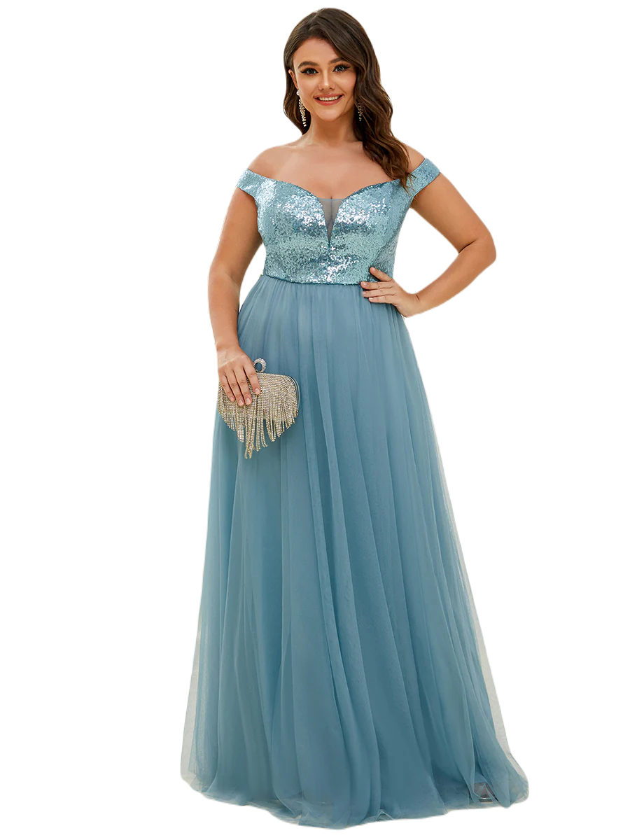 Vestido Elegante de Fiesta Largo Curvy Turquesa Dusty Lentejuela Offsoulder Sin Hombros Falda Tul Cintura Alta Talla Ch a Talla Extra