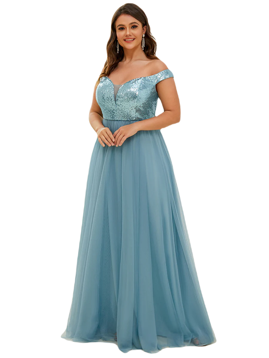 Vestido Elegante de Fiesta Largo Curvy Turquesa Dusty Lentejuela Offsoulder Sin Hombros Falda Tul Cintura Alta Talla Ch a Talla Extra