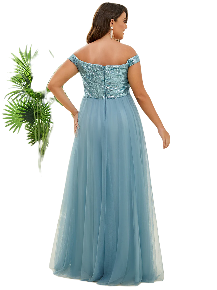 Vestido Elegante de Fiesta Largo Curvy Turquesa Dusty Lentejuela Offsoulder Sin Hombros Falda Tul Cintura Alta Talla Ch a Talla Extra