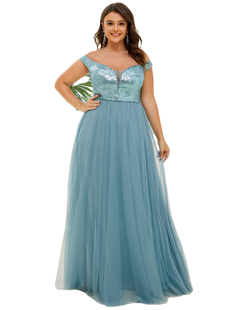 Vestido Elegante de Fiesta Largo Curvy Turquesa Dusty Lentejuela Offsoulder Sin Hombros Falda Tul Cintura Alta Talla Ch a Talla Extra