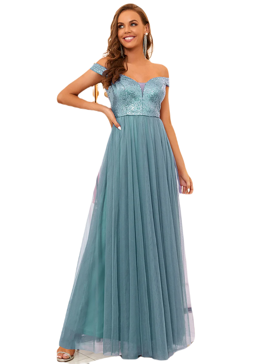 Vestido Elegante de Fiesta Largo Curvy Turquesa Dusty Lentejuela Offsoulder Sin Hombros Falda Tul Cintura Alta Talla Ch a Talla Extra