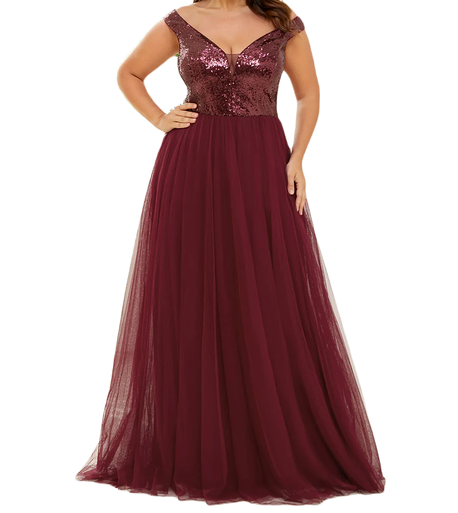 Vestido Elegante de Fiesta Largo Curvy Guinda Vino Lentejuela Offsoulder Sin Hombros Falda Tul Cintura Alta Talla Ch a Talla Extra