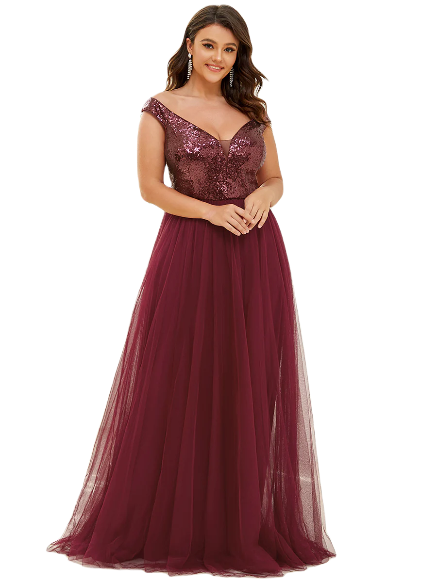 Vestido Elegante de Fiesta Largo Curvy Guinda Vino Lentejuela Offsoulder Sin Hombros Falda Tul Cintura Alta Talla Ch a Talla Extra