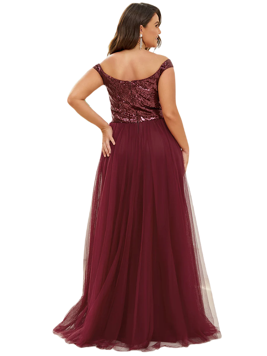 Vestido Elegante de Fiesta Largo Curvy Guinda Vino Lentejuela Offsoulder Sin Hombros Falda Tul Cintura Alta Talla Ch a Talla Extra