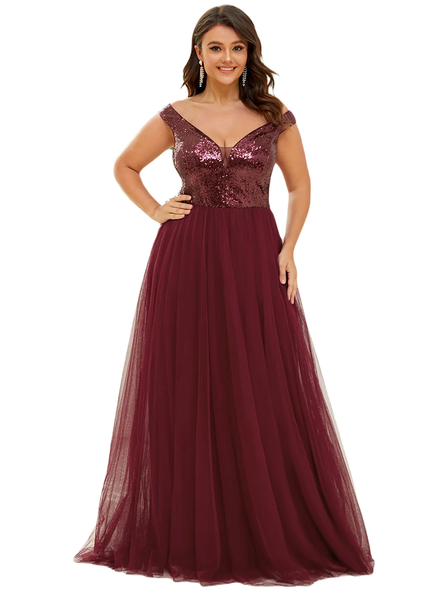 Vestido Elegante de Fiesta Largo Curvy Guinda Vino Lentejuela Offsoulder Sin Hombros Falda Tul Cintura Alta Talla Ch a Talla Extra