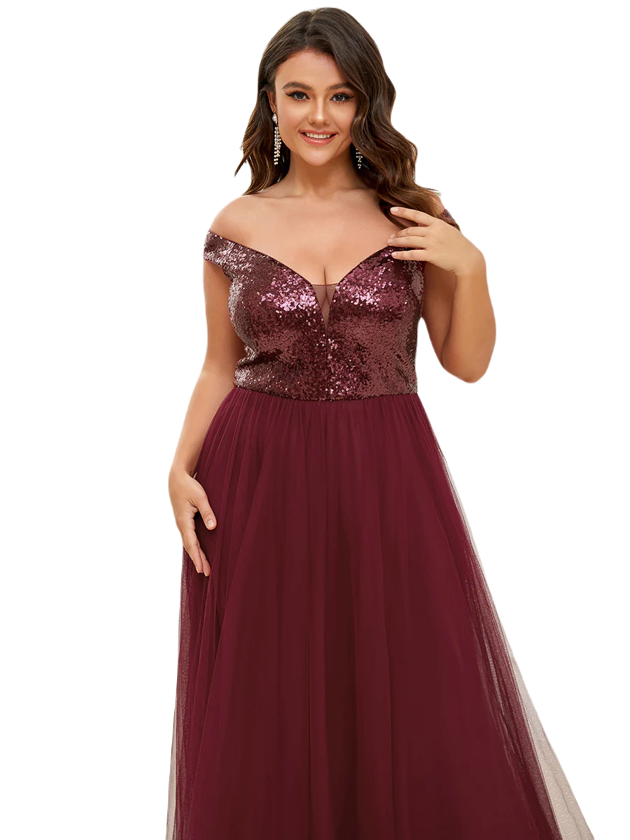 Vestido Elegante de Fiesta Largo Curvy Guinda Vino Lentejuela Offsoulder Sin Hombros Falda Tul Cintura Alta Talla Ch a Talla Extra