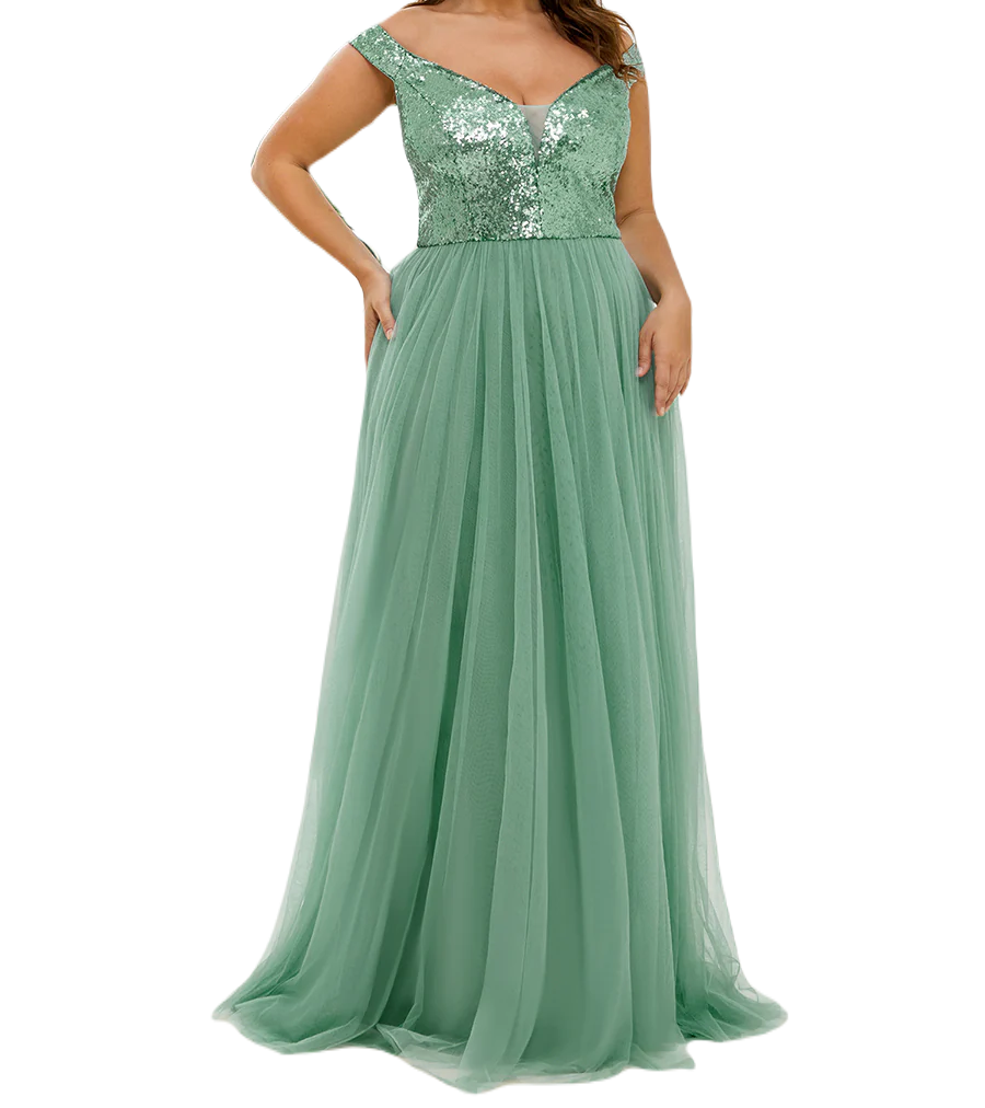 Vestido Elegante de Fiesta Largo Curvy Verde Jade Lentejuela Offsoulder Sin Hombros Falda Tul Cintura Alta Talla Ch a Talla Extra