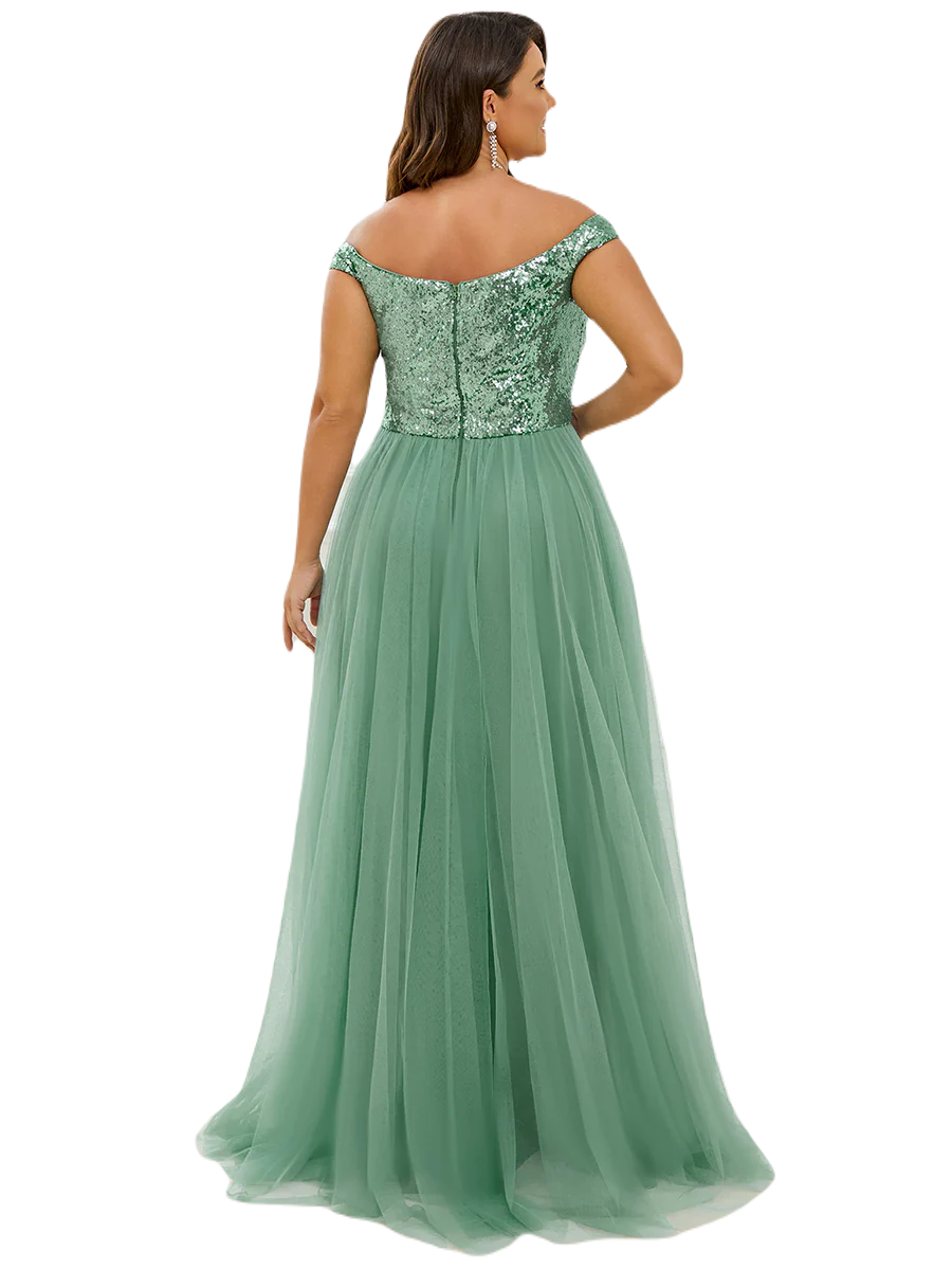 Vestido Elegante de Fiesta Largo Curvy Verde Jade Lentejuela Offsoulder Sin Hombros Falda Tul Cintura Alta Talla Ch a Talla Extra