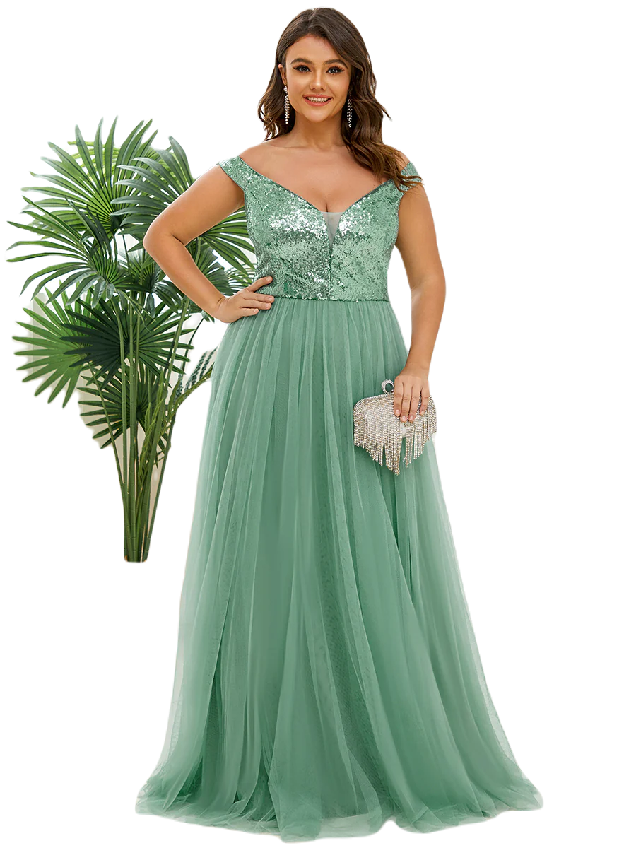 Vestido Elegante de Fiesta Largo Curvy Verde Jade Lentejuela Offsoulder Sin Hombros Falda Tul Cintura Alta Talla Ch a Talla Extra