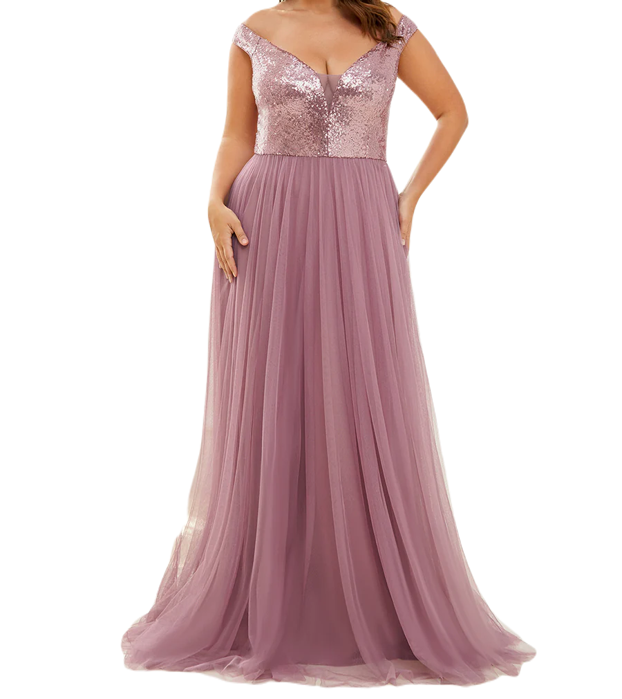 Vestido Elegante de Fiesta Largo Curvy Mauve Lila Lentejuela Offsoulder Sin Hombros Falda Tul Cintura Alta Talla Ch a Talla Extra