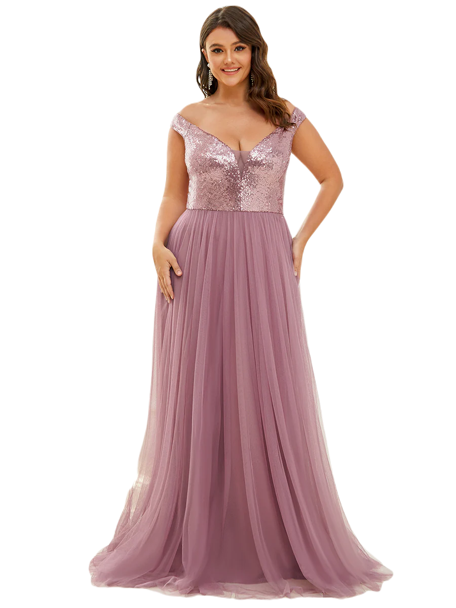 Vestido Elegante de Fiesta Largo Curvy Mauve Lila Lentejuela Offsoulder Sin Hombros Falda Tul Cintura Alta Talla Ch a Talla Extra
