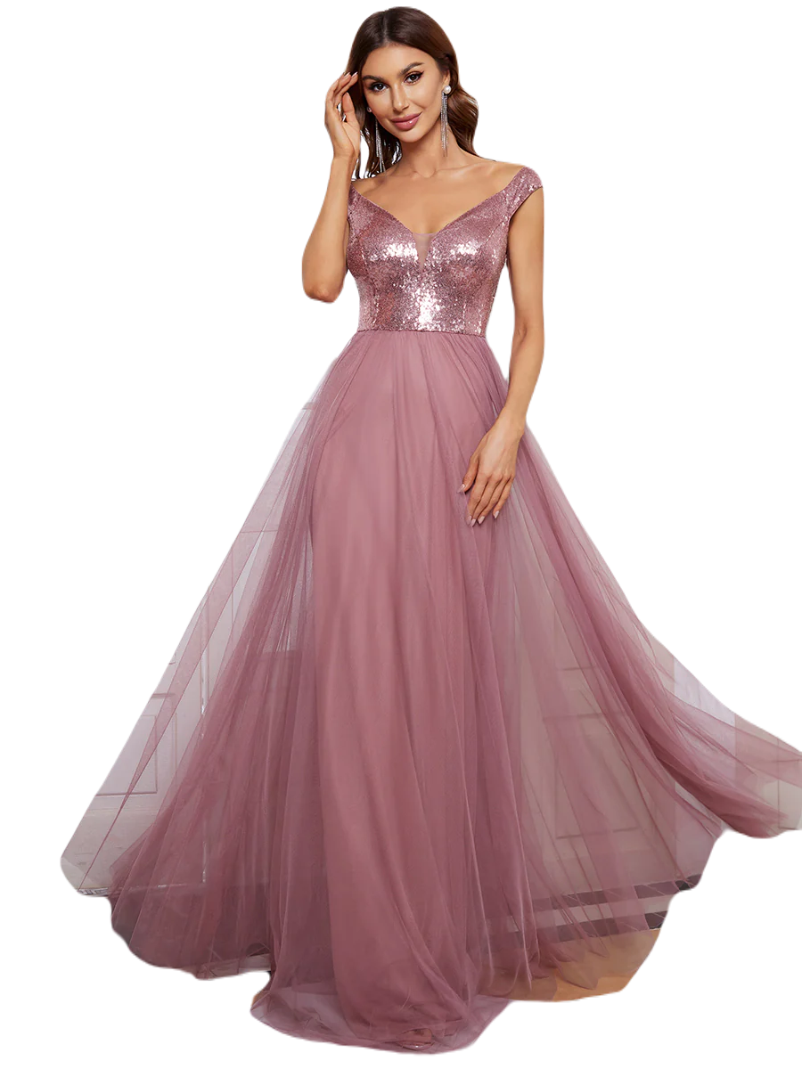 Vestido Elegante de Fiesta Largo Curvy Mauve Lila Lentejuela Offsoulder Sin Hombros Falda Tul Cintura Alta Talla Ch a Talla Extra