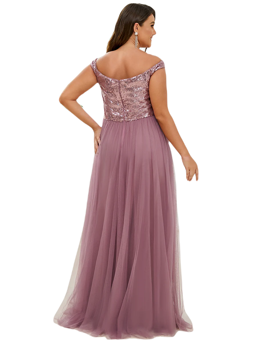 Vestido Elegante de Fiesta Largo Curvy Mauve Lila Lentejuela Offsoulder Sin Hombros Falda Tul Cintura Alta Talla Ch a Talla Extra