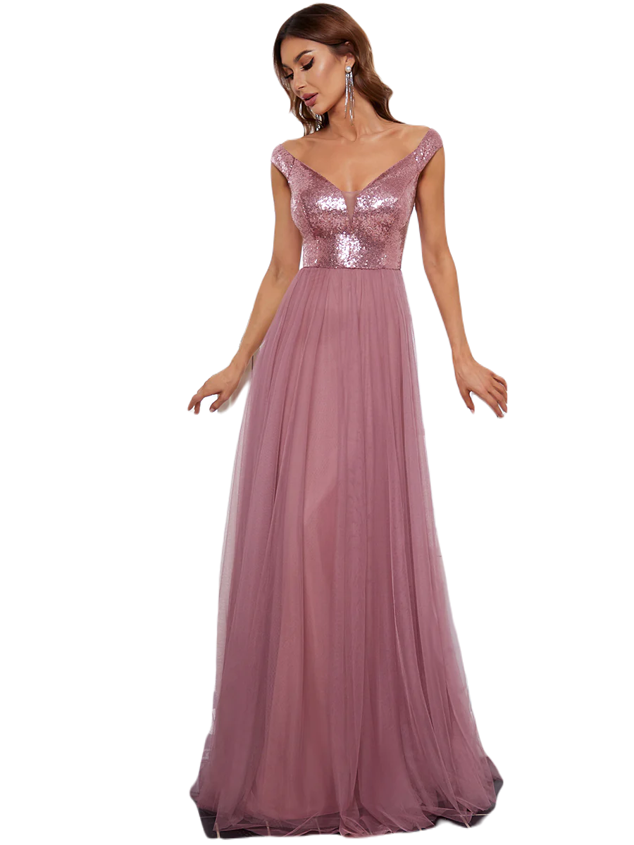 Vestido Elegante de Fiesta Largo Curvy Mauve Lila Lentejuela Offsoulder Sin Hombros Falda Tul Cintura Alta Talla Ch a Talla Extra