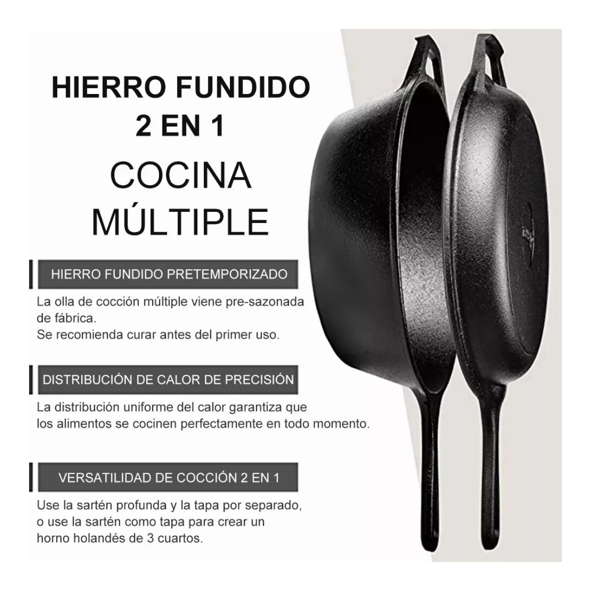 Sartenes De Hierro Fundido,  2 en 1 Negro