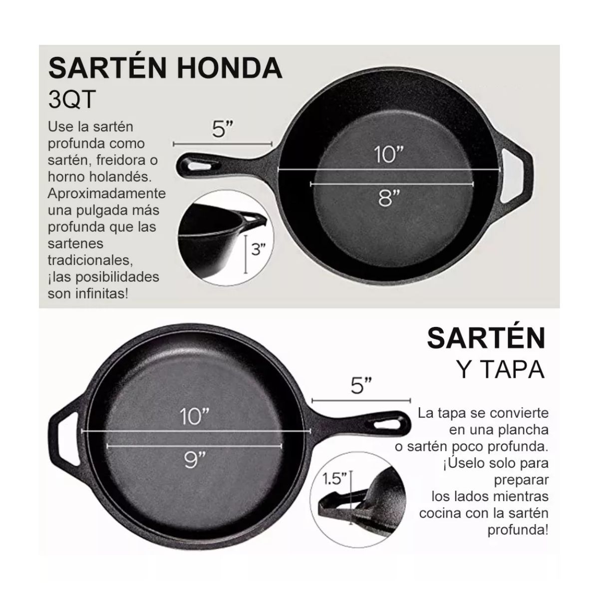 Sartenes De Hierro Fundido,  2 en 1 Negro